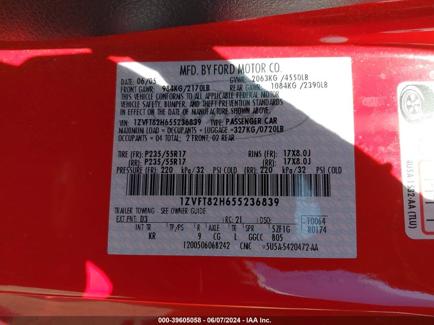 2005 Ford Mustang Gt Deluxe/Gt Premium VIN: 1ZVFT82H655236839 Lot: 39605058