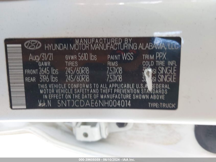 2022 Hyundai Santa Cruz Sel VIN: 5NTJCDAE6NH004014 Lot: 39605059