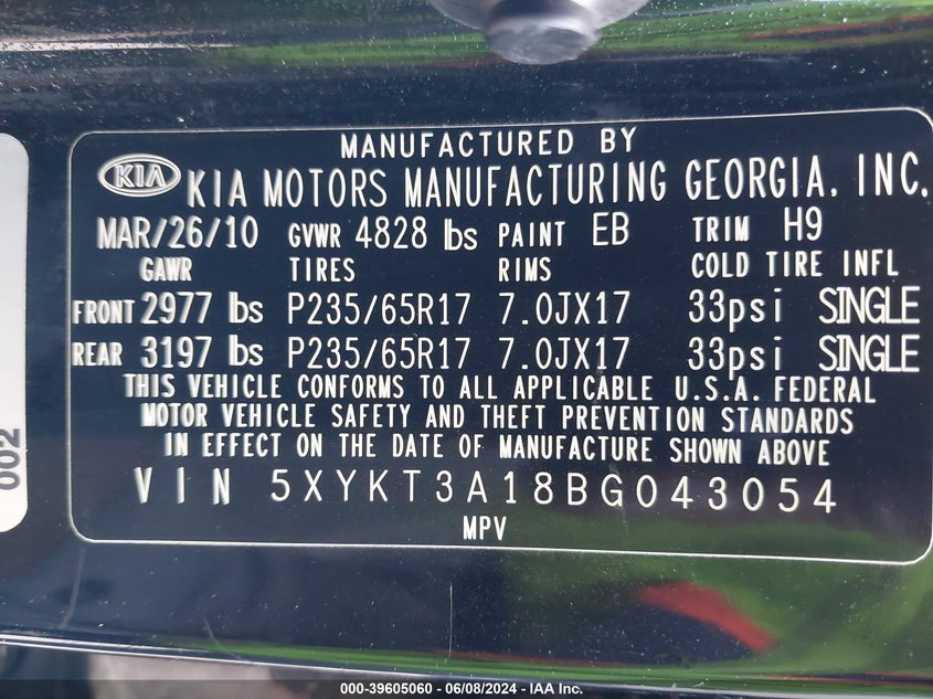 2011 Kia Sorento Lx VIN: 5XYKT3A18BG043054 Lot: 39605060