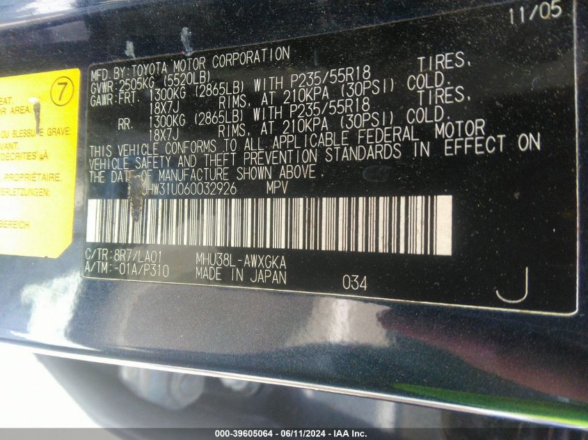 2006 Lexus Rx 400H VIN: JTJHW31U060032926 Lot: 39605064