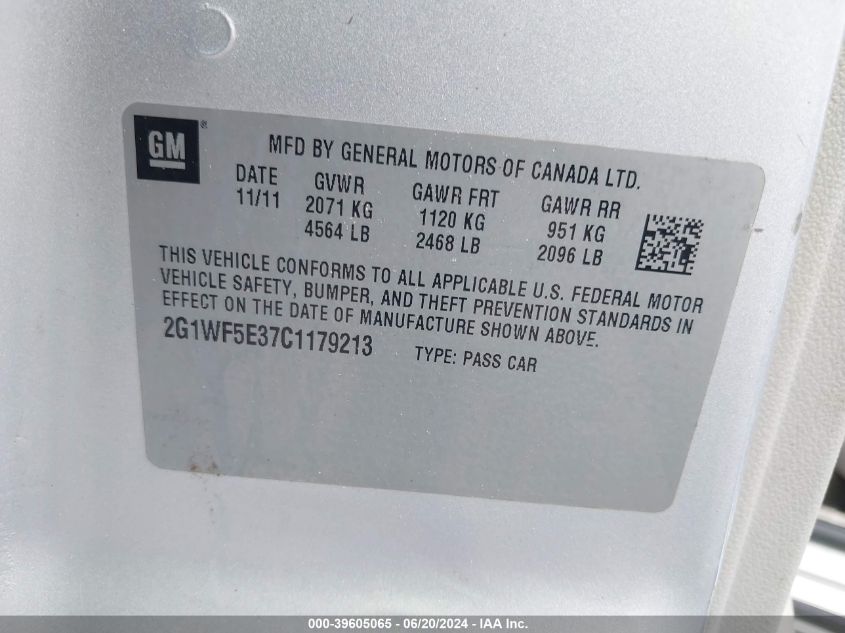 2012 Chevrolet Impala Ls VIN: 2G1WF5E37C1179213 Lot: 39605065