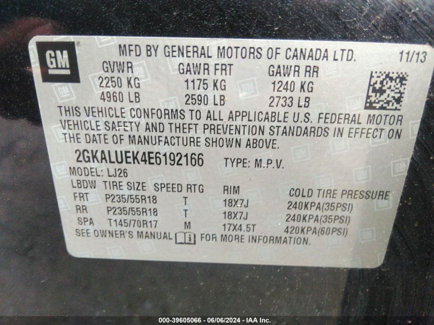 2014 GMC Terrain Denali VIN: 2GKALUEK4E6192166 Lot: 39605066