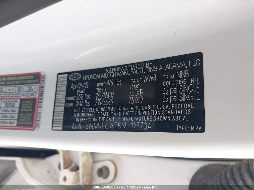 2022 Hyundai Tucson Sel VIN: 5NMJFCAE5NH123704 Lot: 39605070