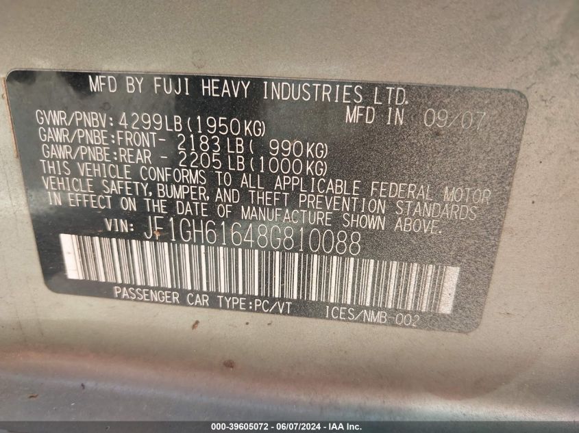 2008 Subaru Impreza 2.5I VIN: JF1GH61648G810088 Lot: 39605072