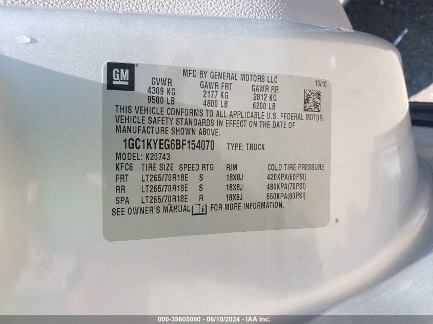 2011 Chevrolet Silverado 2500Hd Ltz VIN: 1GC1KYEG6BF154070 Lot: 39605080