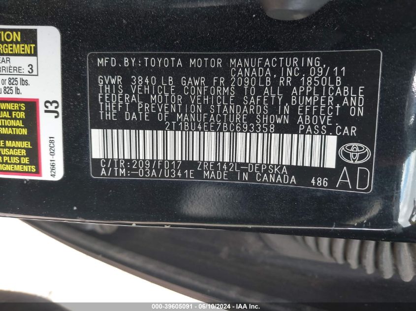 2011 Toyota Corolla S VIN: 2T1BU4EE7BC693358 Lot: 39605091