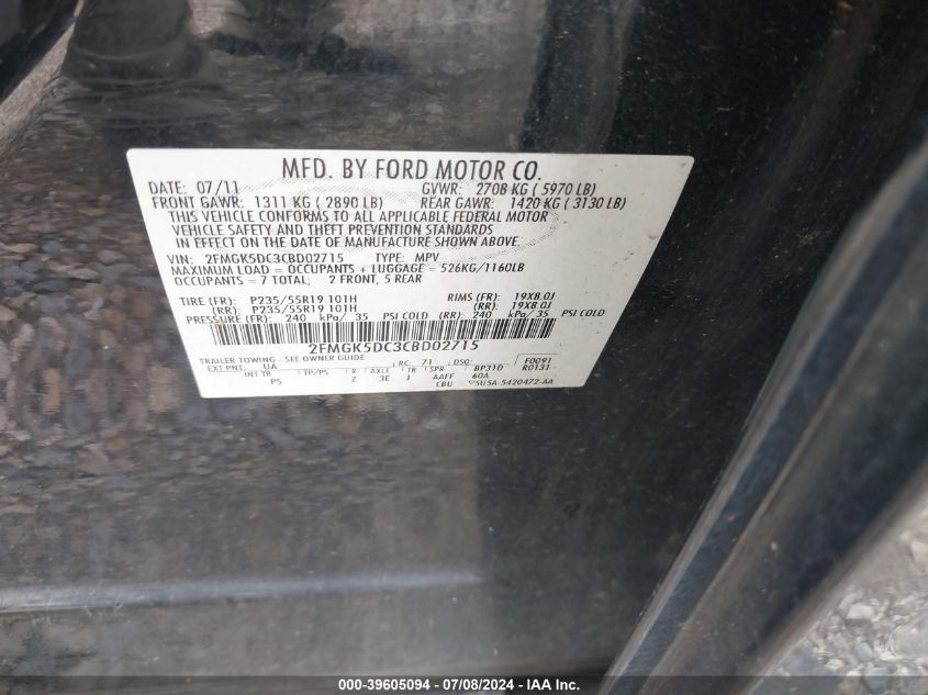 2012 Ford Flex Limited VIN: 2FMGK5DC3CBD02715 Lot: 39605094