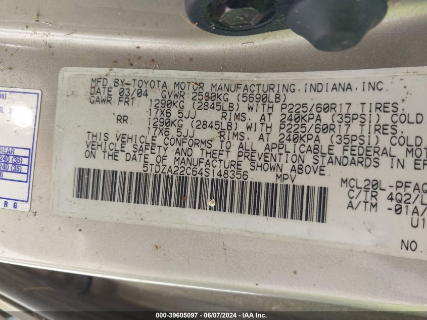 2004 Toyota Sienna Xle VIN: 5TDZA22C64S148356 Lot: 39605097