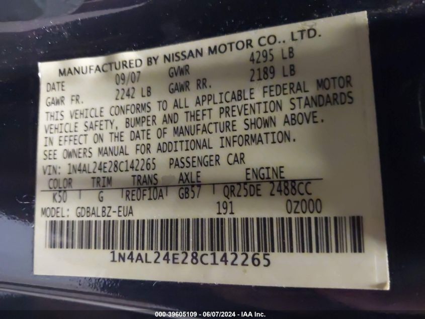 2008 Nissan Altima 2.5 S VIN: 1N4AL24E28C142265 Lot: 39605109