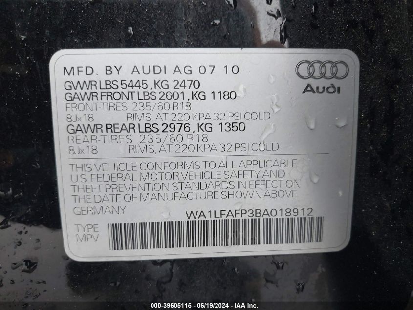 2011 Audi Q5 2.0T Premium VIN: WA1LFAFP3BA018912 Lot: 39605115