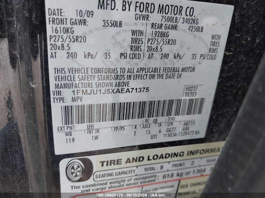 2010 Ford Expedition Eddie Bauer/King Ranch VIN: 1FMJU1J5XAEA71375 Lot: 39605125