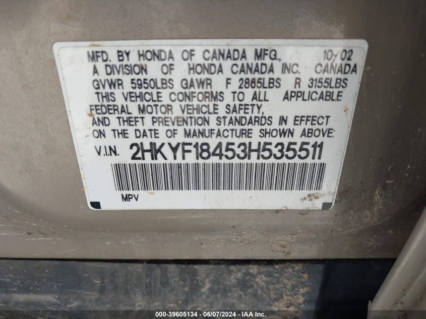 2003 Honda Pilot Ex VIN: 2HKYF18453H535511 Lot: 39605134