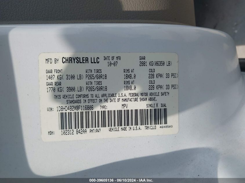 2008 Dodge Durango Slt VIN: 1D8HD482X8F116806 Lot: 39605136