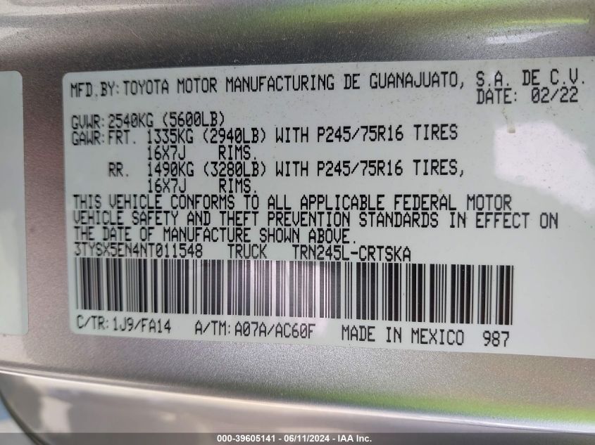 2022 Toyota Tacoma Sr VIN: 3TYSX5EN4NT011548 Lot: 39605141