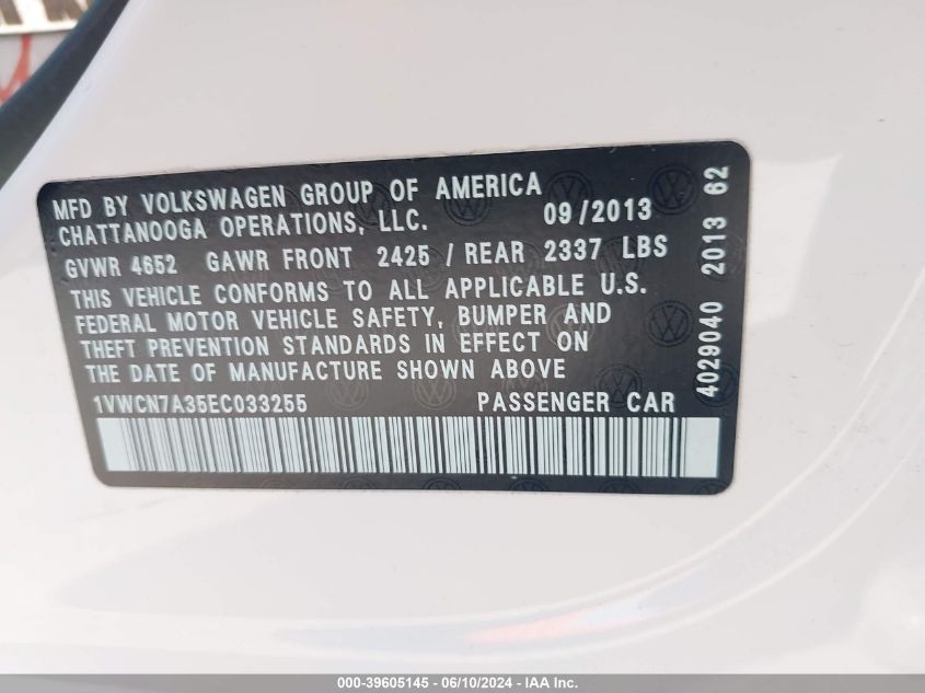 2014 Volkswagen Passat 2.0L Tdi Sel Premium VIN: 1VWCN7A35EC033255 Lot: 39605145