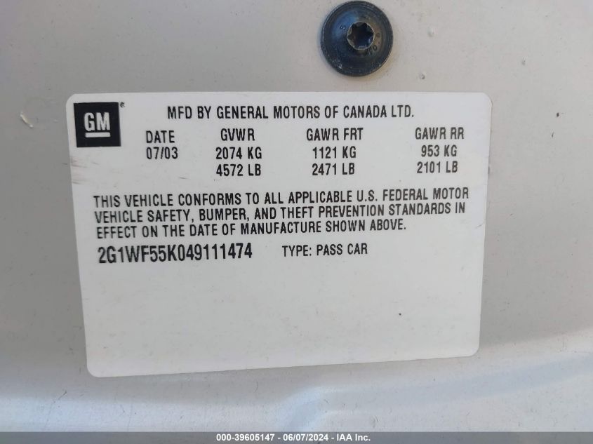 2004 Chevrolet Impala VIN: 2G1WF55K049111474 Lot: 39605147
