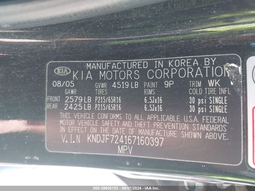 2006 Kia Sportage Lx VIN: KNDJF724167160397 Lot: 39605153