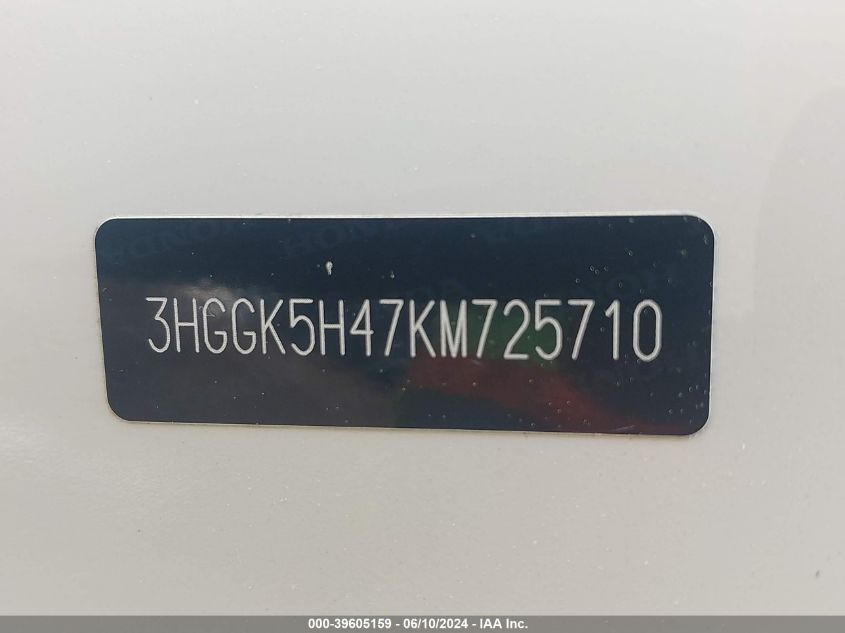 2019 Honda Fit Lx VIN: 3HGGK5H47KM725710 Lot: 39605159