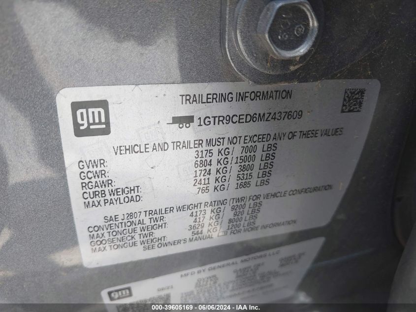 2021 GMC Sierra 1500 4Wd Double Cab Standard Box Elevation VIN: 1GTR9CED6MZ437609 Lot: 39605169