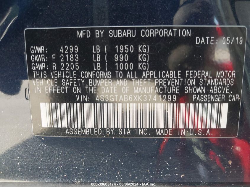 2019 Subaru Impreza 2.0I VIN: 4S3GTAB6XK3741299 Lot: 39605174