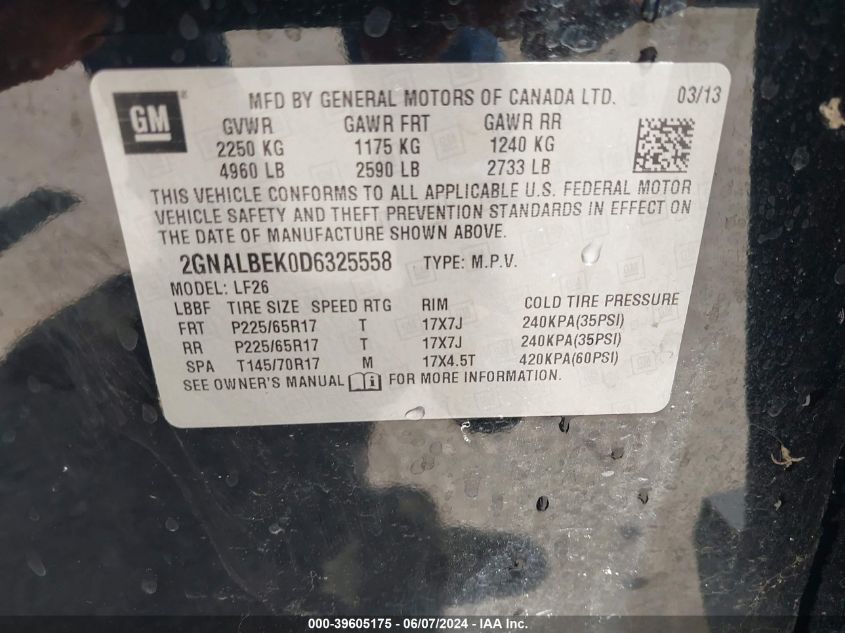 2013 Chevrolet Equinox Ls VIN: 2GNALBEK0D6325558 Lot: 39605175