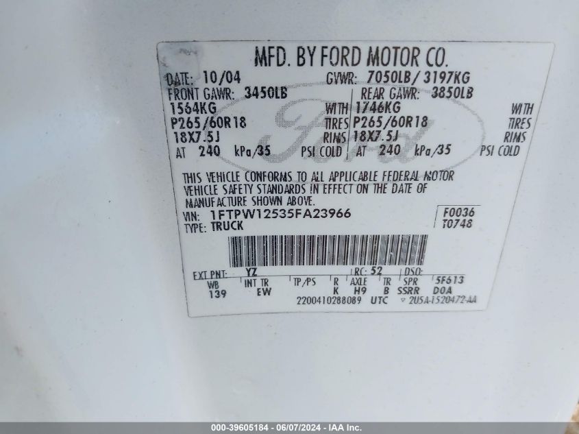 2005 Ford F-150 Lariat/Xlt VIN: 1FTPW12535FA23966 Lot: 39605184