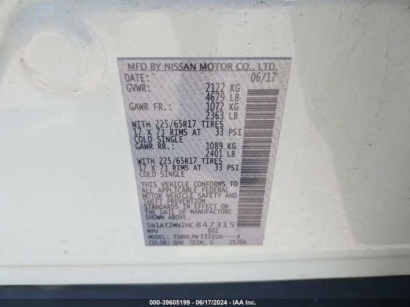 2017 Nissan Rogue S VIN: 5N1AT2MV2HC847315 Lot: 39605199