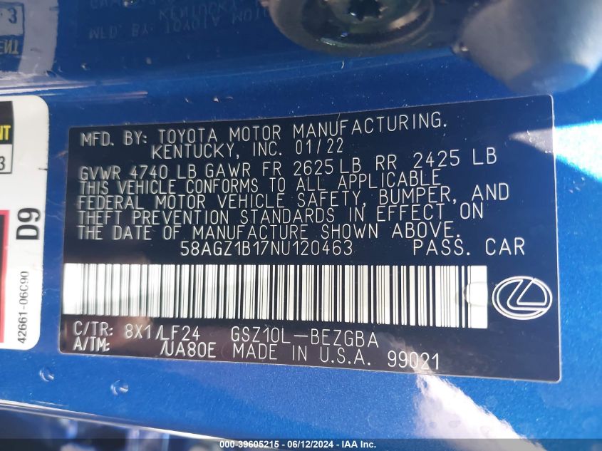 2022 Lexus Es 350 F Sport VIN: 58AGZ1B17NU120463 Lot: 39605215