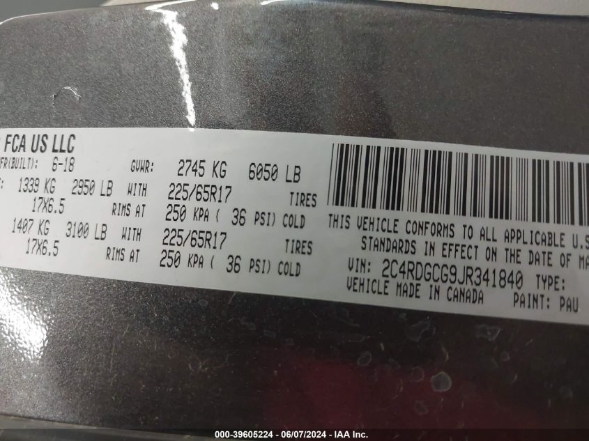 2018 Dodge Grand Caravan Sxt VIN: 2C4RDGCG9JR341840 Lot: 39605224