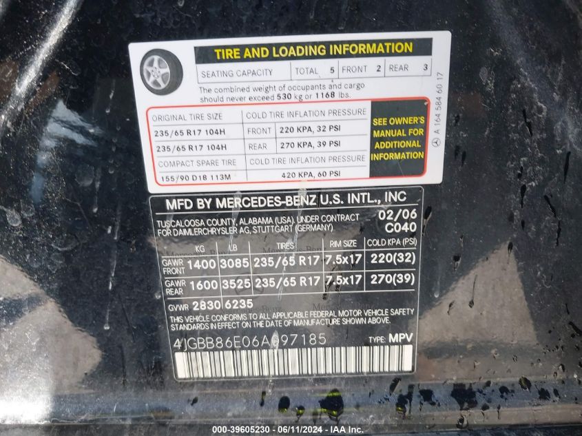 2006 Mercedes-Benz Ml 350 4Matic VIN: 4JGBB86E06A097185 Lot: 39605230