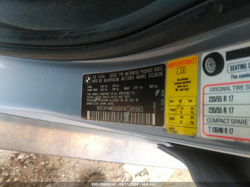 2006 BMW X3 3.0I VIN: WBXPA93496WG88963 Lot: 39605242