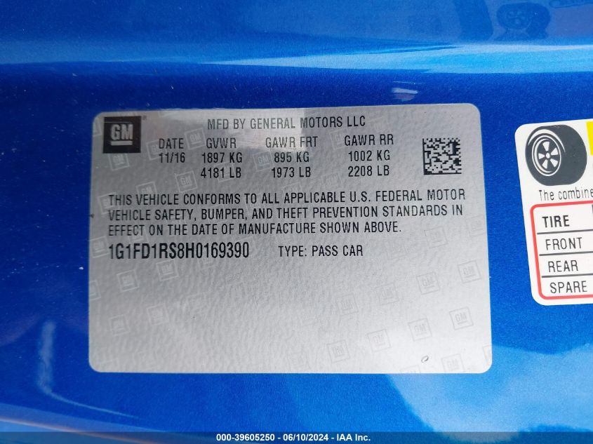 2017 Chevrolet Camaro 2Lt VIN: 1G1FD1RS8H0169390 Lot: 39605250