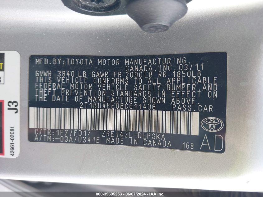 2011 Toyota Corolla S VIN: 2T1BU4EE0BC611406 Lot: 39605253