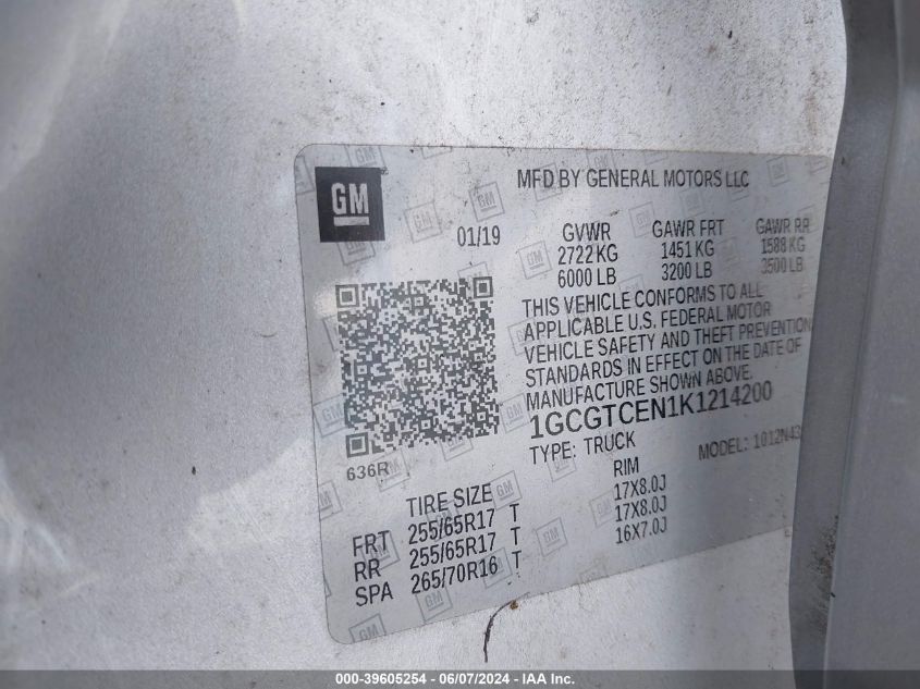 2019 Chevrolet Colorado Lt VIN: 1GCGTCEN1K1214200 Lot: 39605254