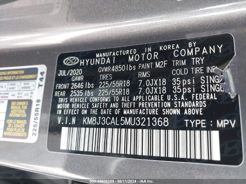 2021 Hyundai Tucson Limited VIN: KM8J3CAL5MU321368 Lot: 39605259