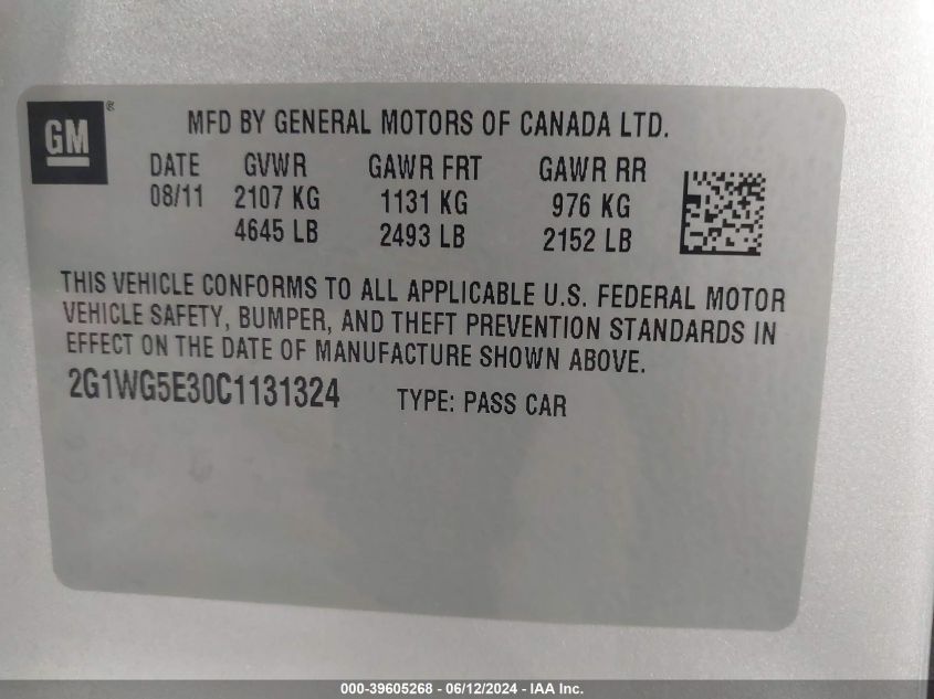 2012 Chevrolet Impala Lt VIN: 2G1WG5E30C1131324 Lot: 39605268