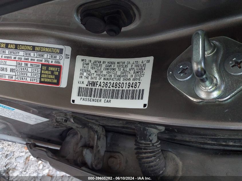 2008 Honda Civic Hybrid VIN: JHMFA36248S019487 Lot: 39605282