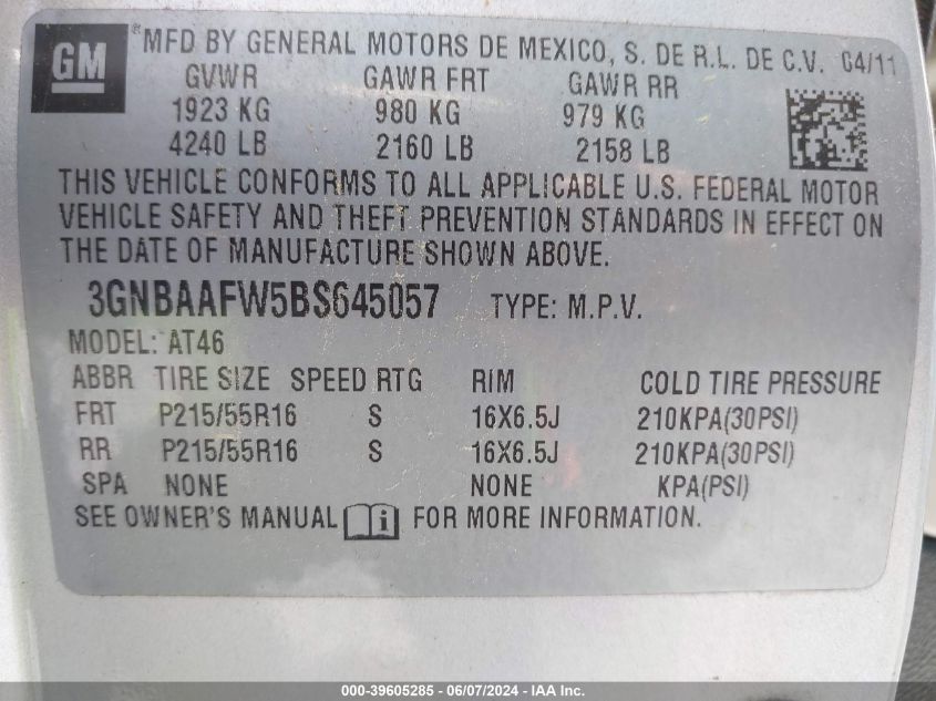 2011 Chevrolet Hhr Ls VIN: 3GNBAAFW5BS645057 Lot: 39605285