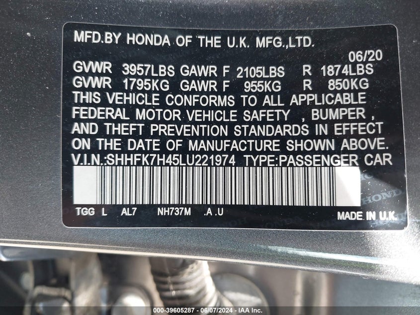 2020 HONDA CIVIC SPORT - SHHFK7H45LU221974