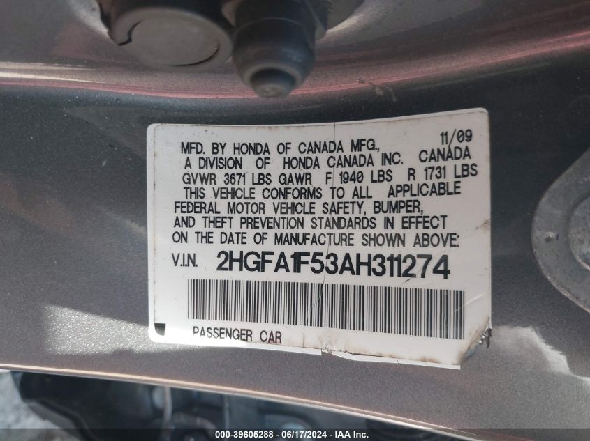 2010 Honda Civic Lx VIN: 2HGFA1F53AH311274 Lot: 39605288