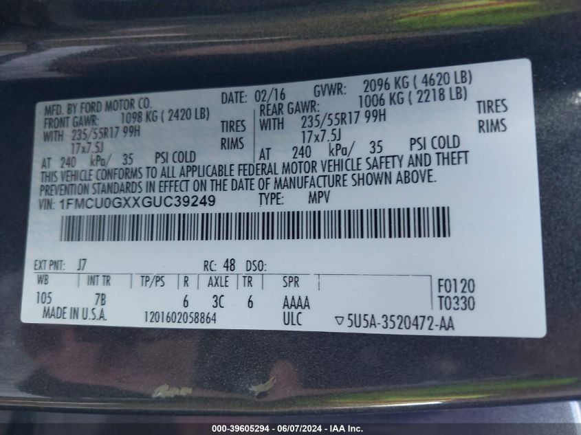 2016 Ford Escape Se VIN: 1FMCU0GXXGUC39249 Lot: 39605294