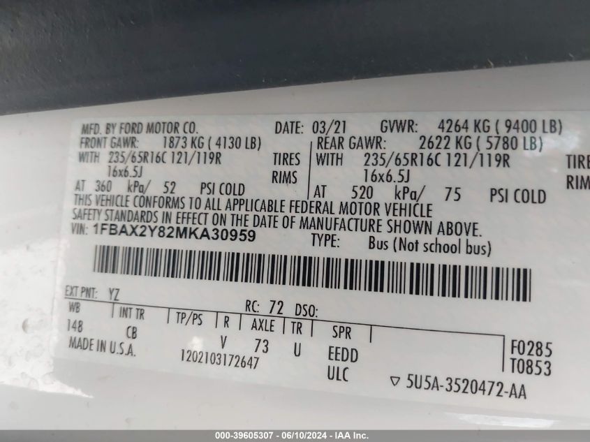 2021 Ford Transit T-350 VIN: 1FBAX2Y82MKA30959 Lot: 39605307