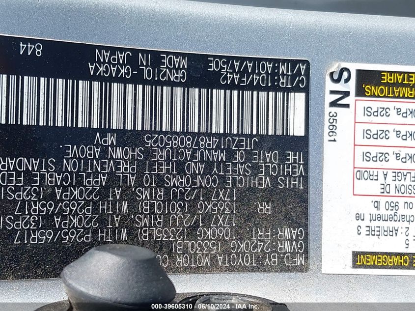 2007 Toyota 4Runner Sr5 V6 VIN: JTEZU14R878085025 Lot: 39605310