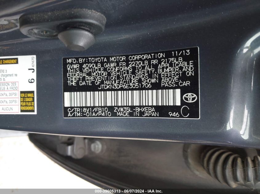 2014 Toyota Prius Plug-In VIN: JTDKN3DP6E3051706 Lot: 39605313