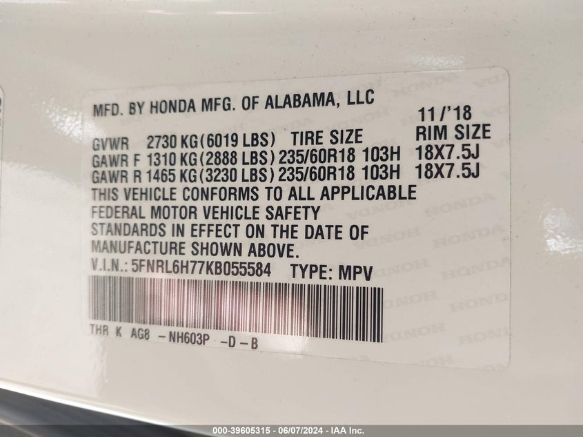 2019 Honda Odyssey Ex-L VIN: 5FNRL6H77KB055584 Lot: 39605315