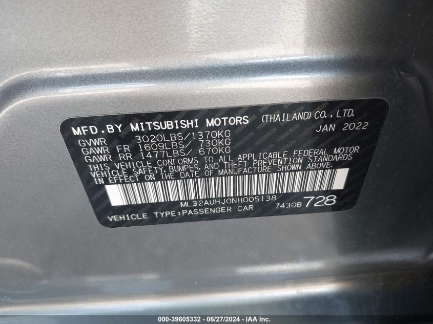 2022 Mitsubishi Mirage Es/Le VIN: ML32AUHJ0NH005138 Lot: 39605332