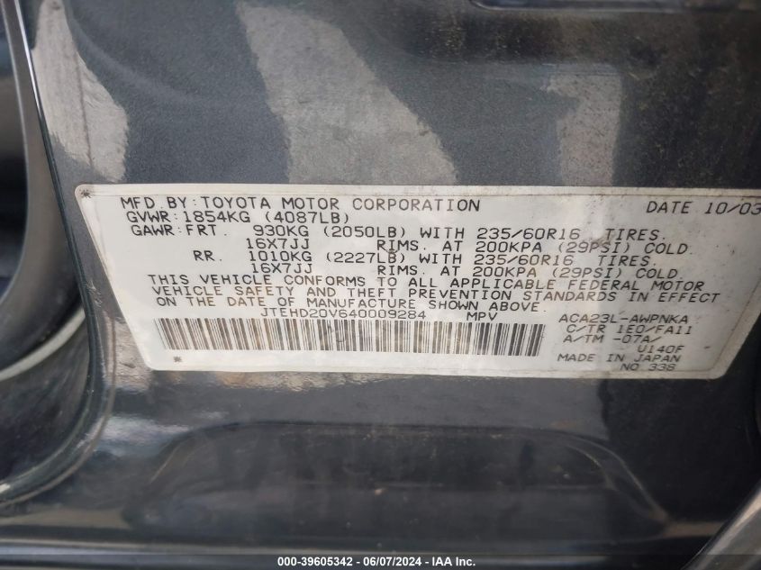 2004 Toyota Rav4 VIN: JTEHD20V640009284 Lot: 39605342
