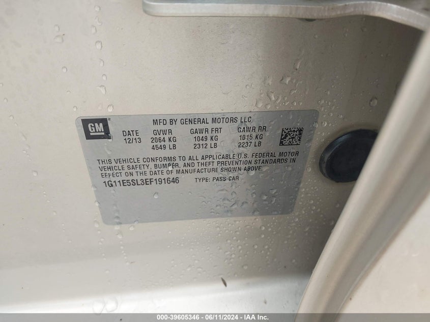 2014 Chevrolet Malibu 2Lt VIN: 1G11E5SL3EF191646 Lot: 39605346