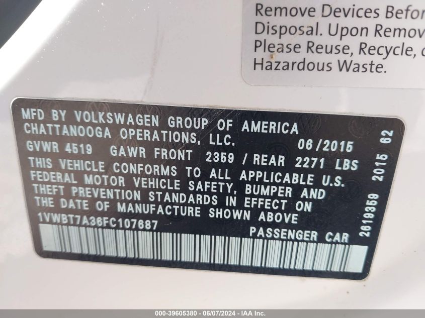 2015 Volkswagen Passat 1.8T Se VIN: 1VWBT7A36FC107687 Lot: 39605380