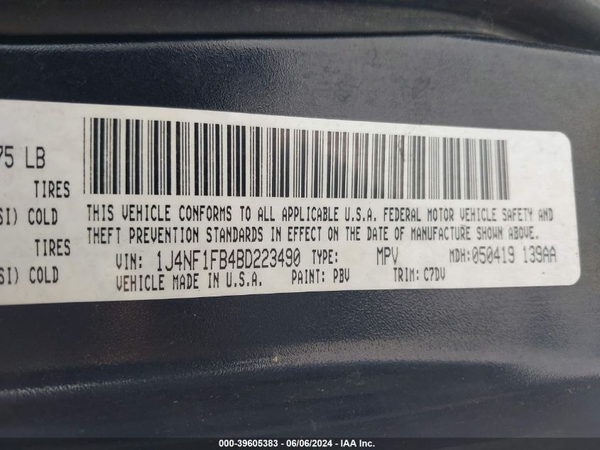 2011 Jeep Compass VIN: 1J4NF1FB4BD223490 Lot: 39605383